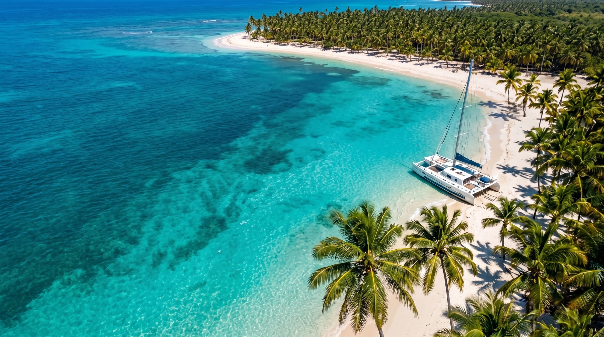 Aerial view of a Caribbean beach with a catamaran near Punta Cana, Dominican Republic
